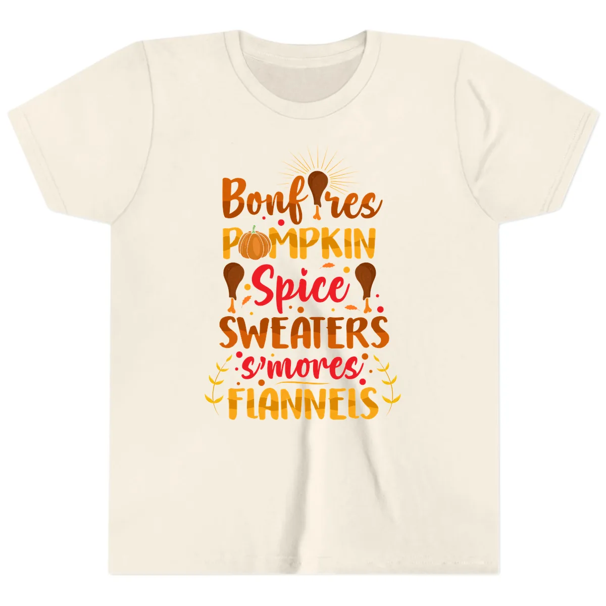 Bonfires Pumpkin Spice Sweaters S'mores Flannels Youth T-Shirt in Natural
