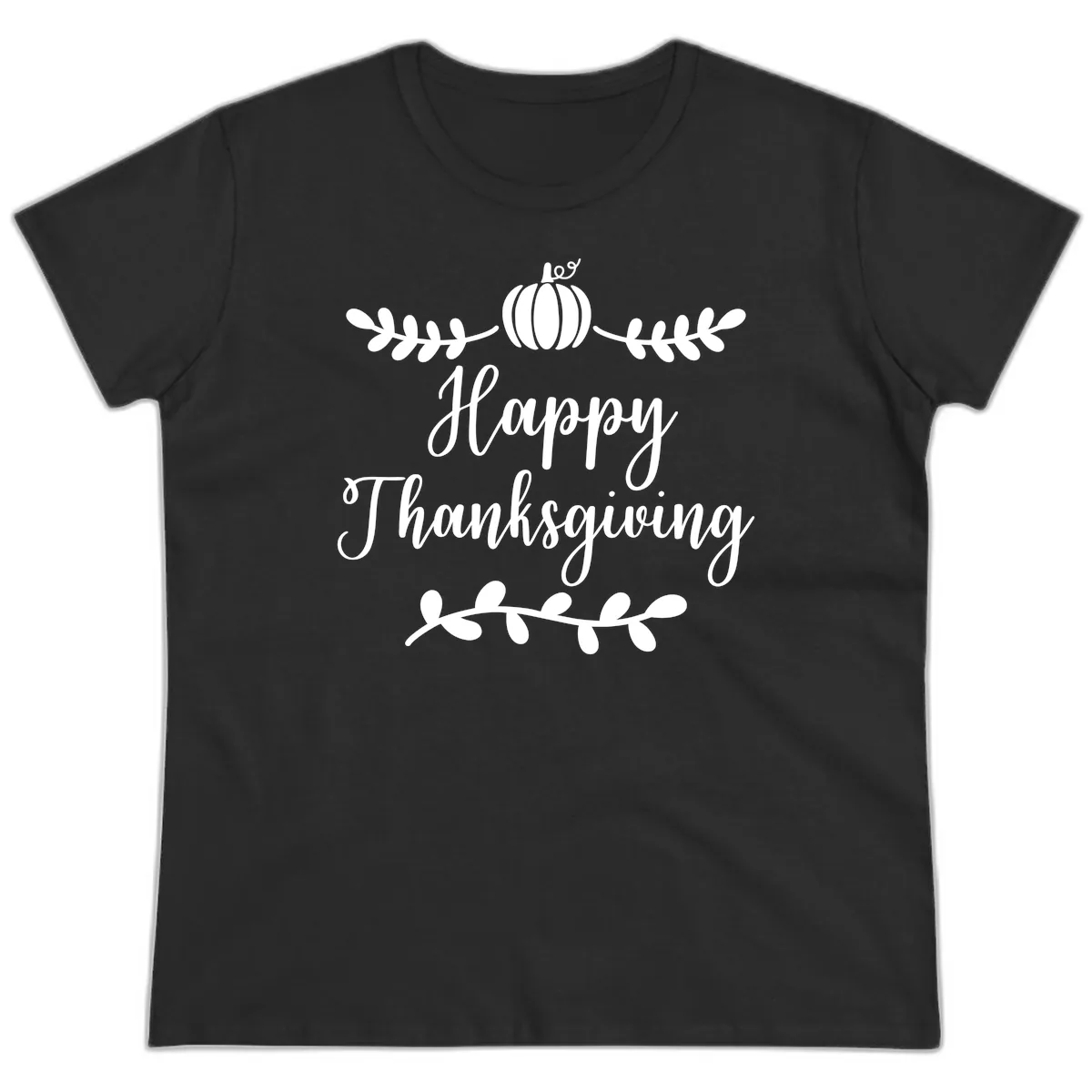 Happy Thanksgiving Script Design Ladies Tee in Black