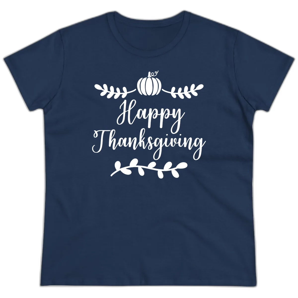 Happy Thanksgiving Script Design Ladies Tee in Navy