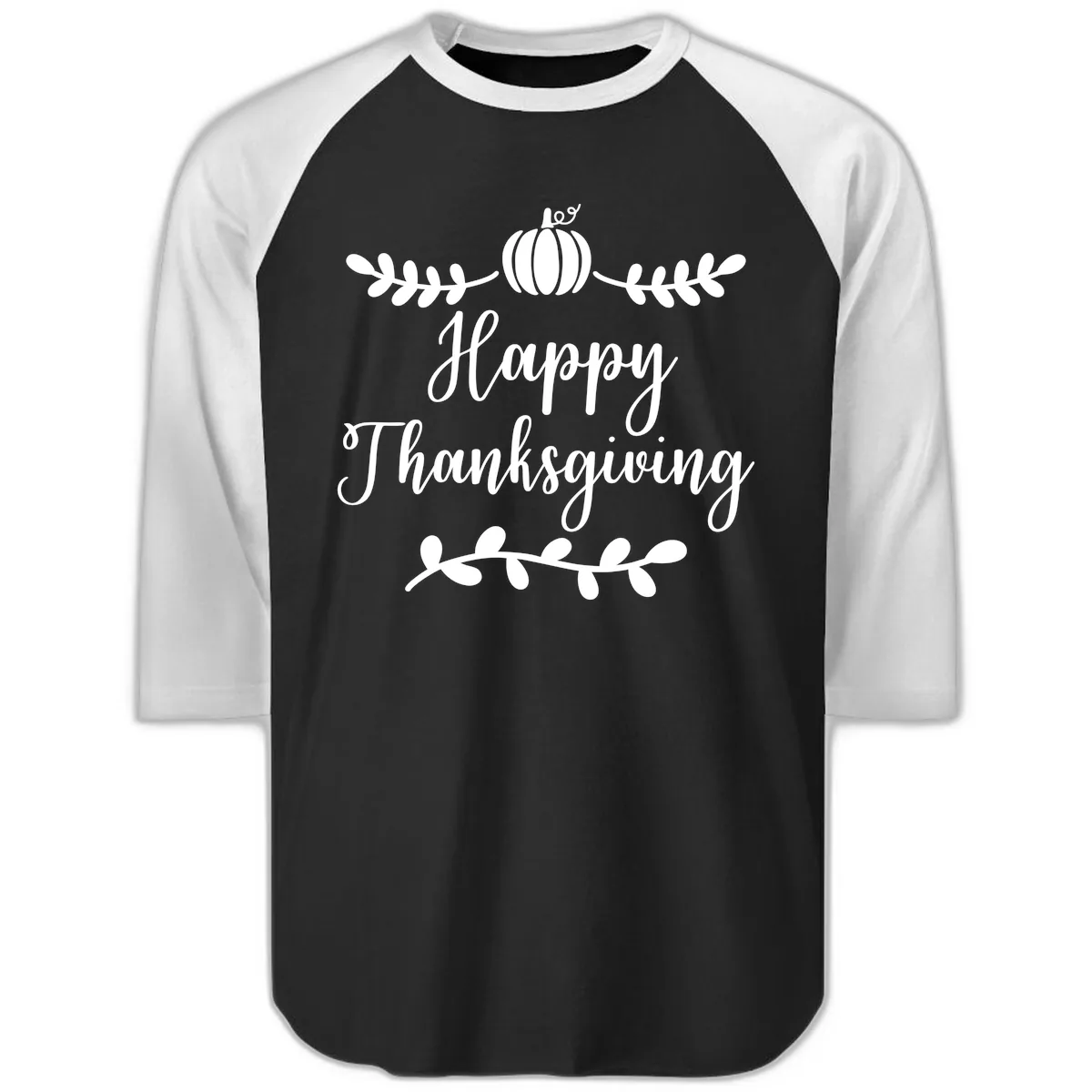 Happy Thanksgiving Script Design Raglan 3/4 in Black White