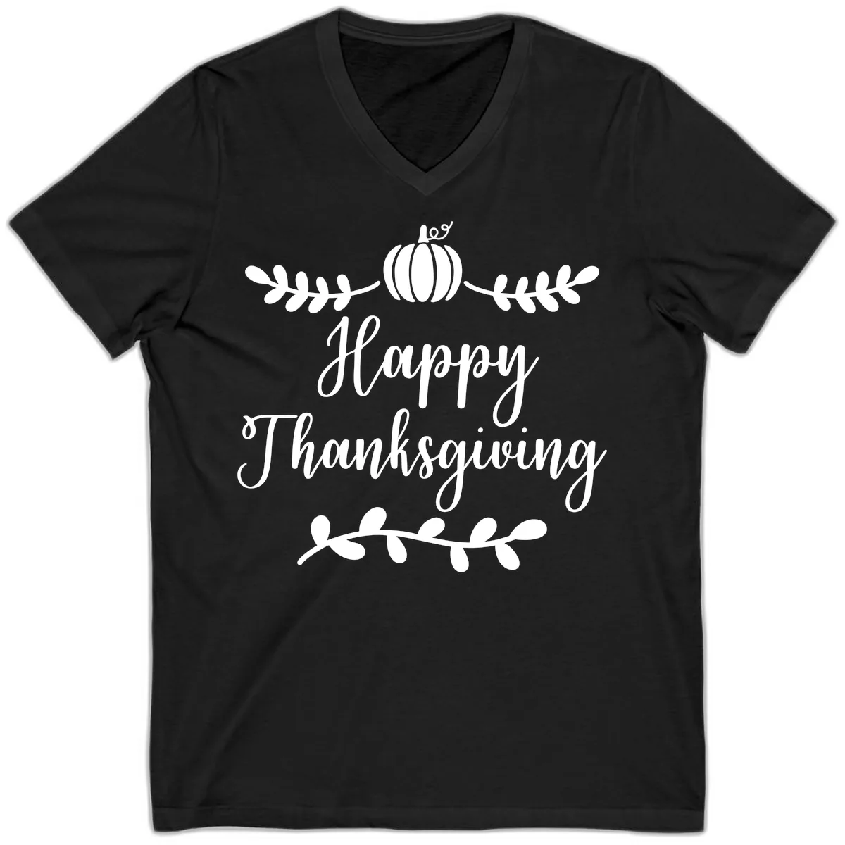 Happy Thanksgiving Script Design V-Neck in Black