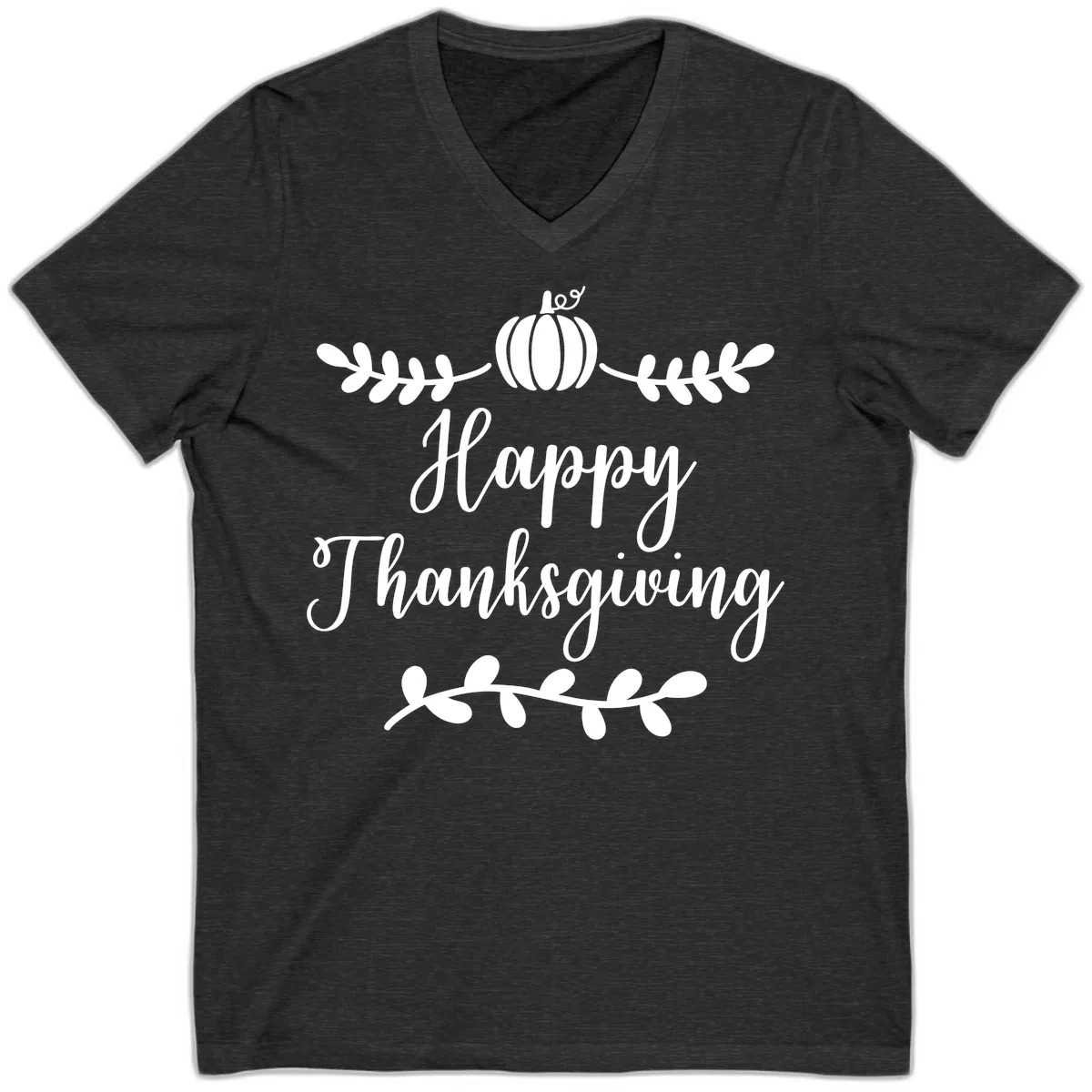 Happy Thanksgiving Script Design V-Neck in Dark Grey Heather