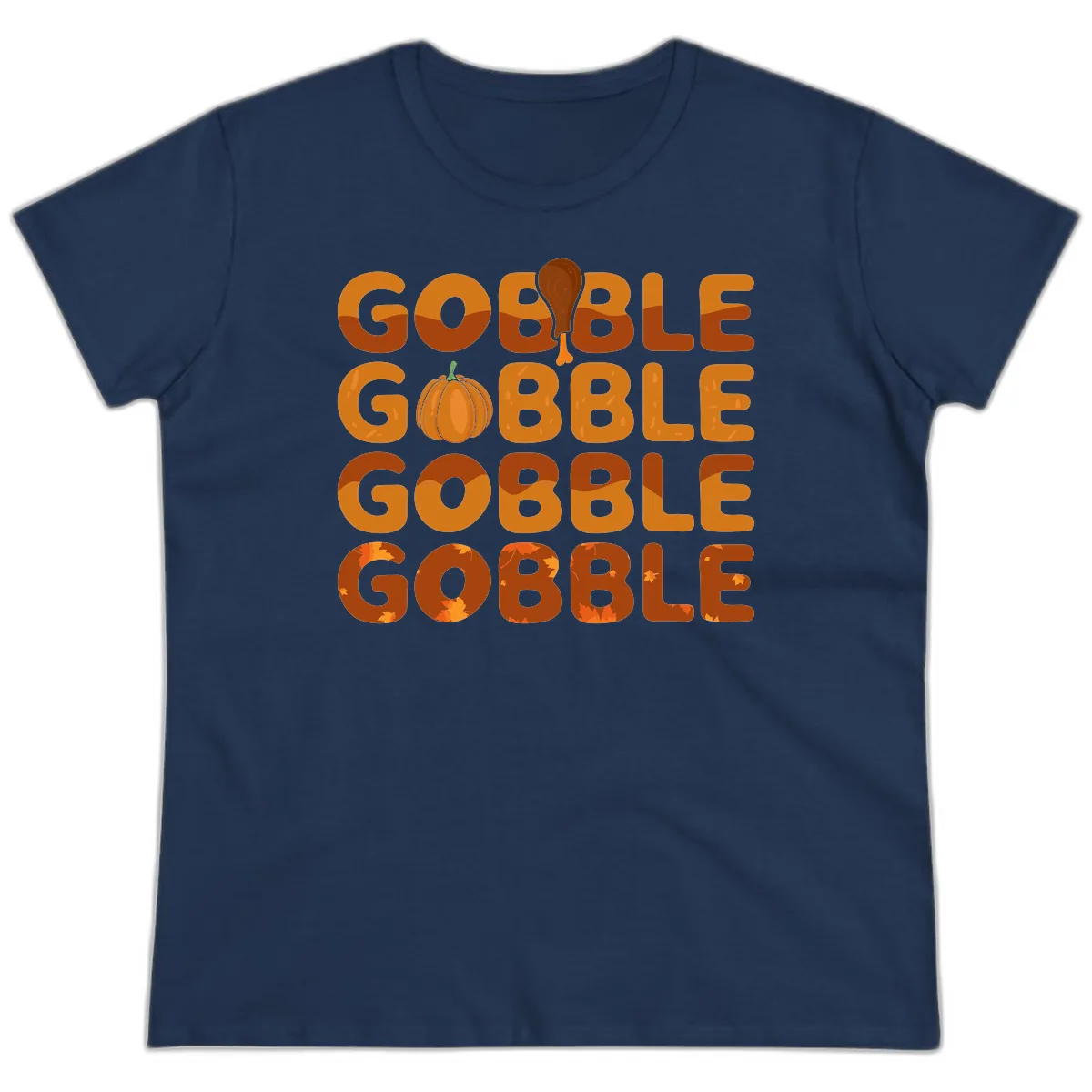 Gobble Gobble Thanksgiving Text Design Ladies Tee in Navy