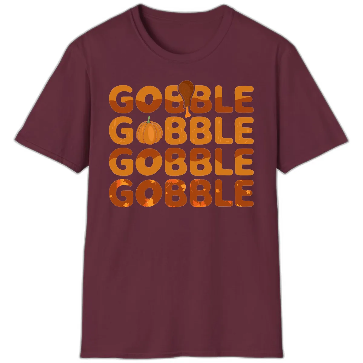 Gobble Gobble Thanksgiving Text Design T-Shirt in Maroon