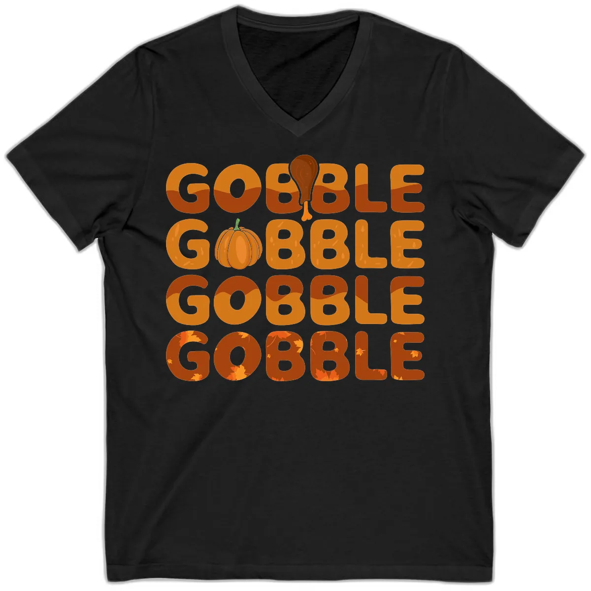 Gobble Gobble Thanksgiving Text Design V-Neck in Black
