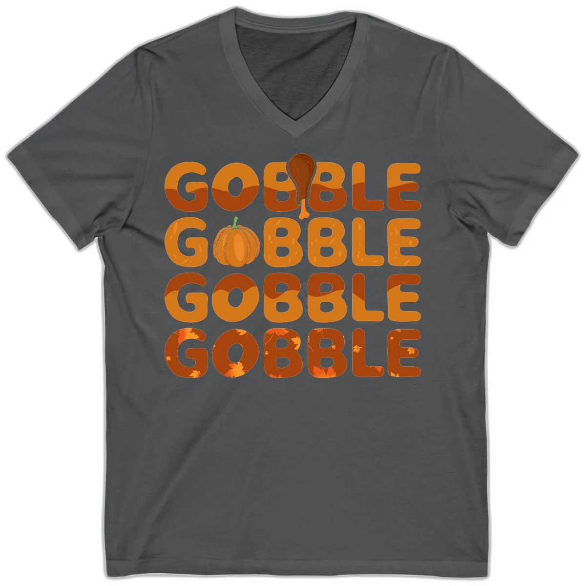 Gobble Gobble Thanksgiving Text Design V-Neck in Asphalt