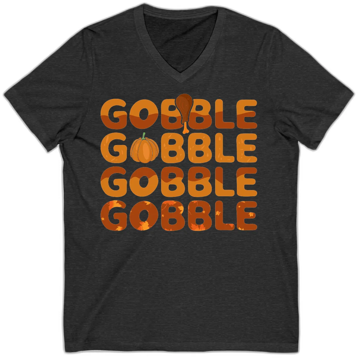 Gobble Gobble Thanksgiving Text Design V-Neck in Dark Grey Heather