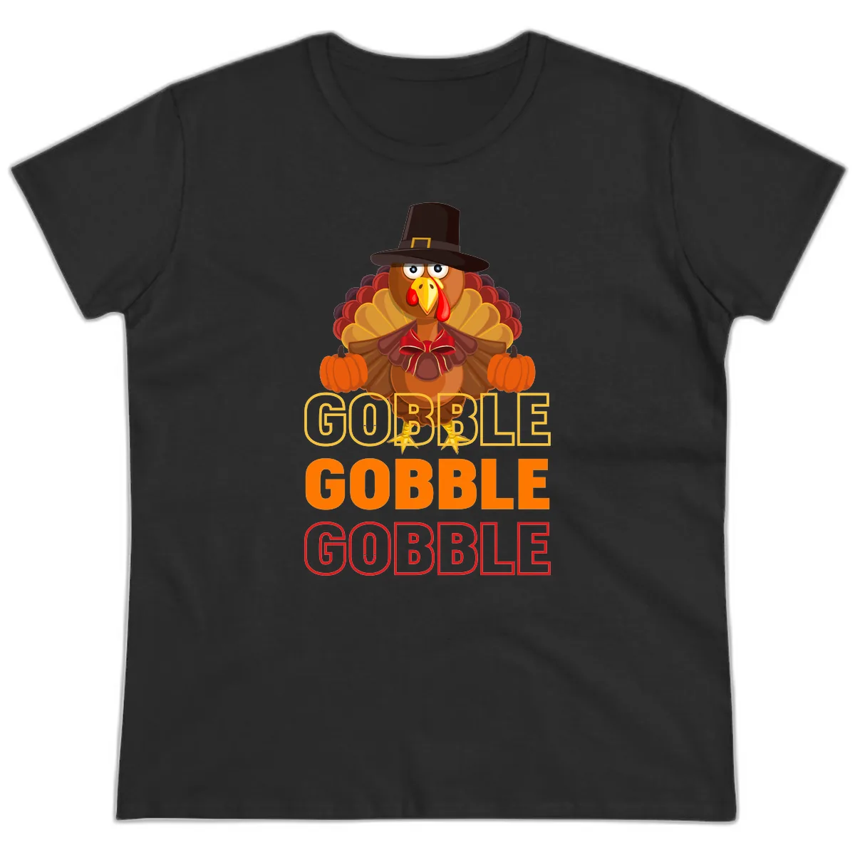 Gobble Gobble Thanksgiving Turkey Ladies Tee in Black