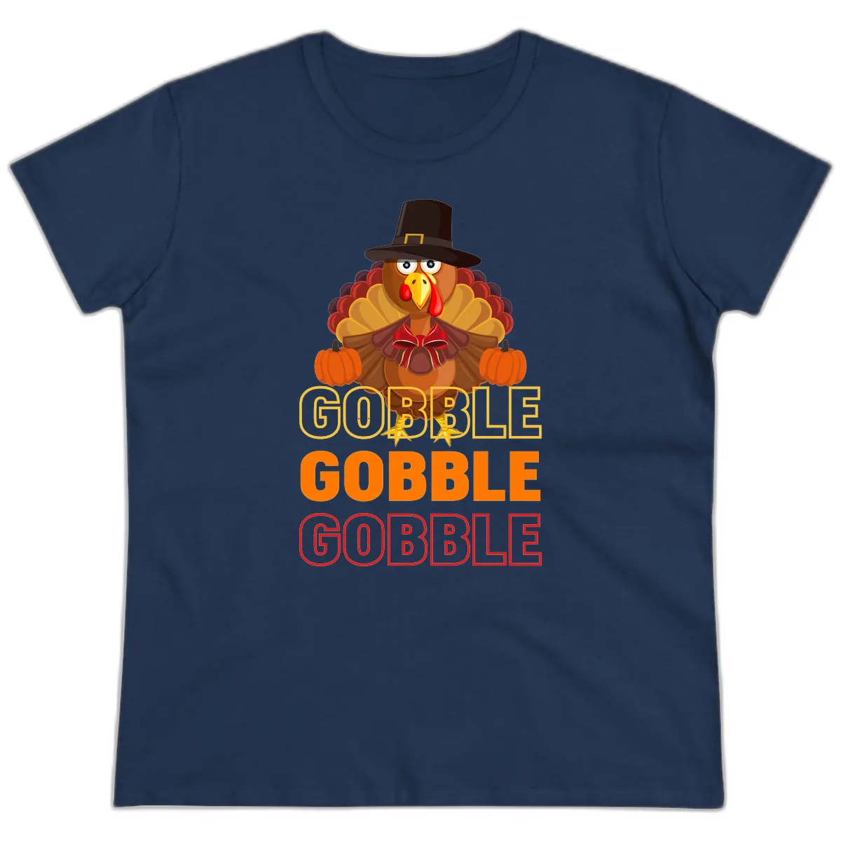 Gobble Gobble Thanksgiving Turkey Ladies Tee in Navy