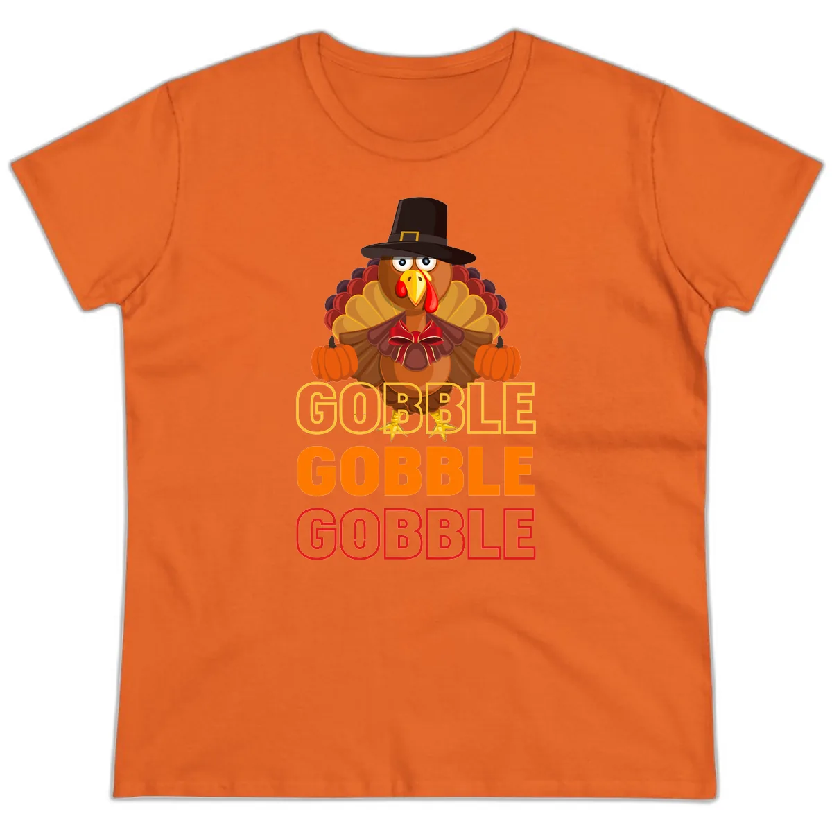 Gobble Gobble Thanksgiving Turkey Ladies Tee in Orange