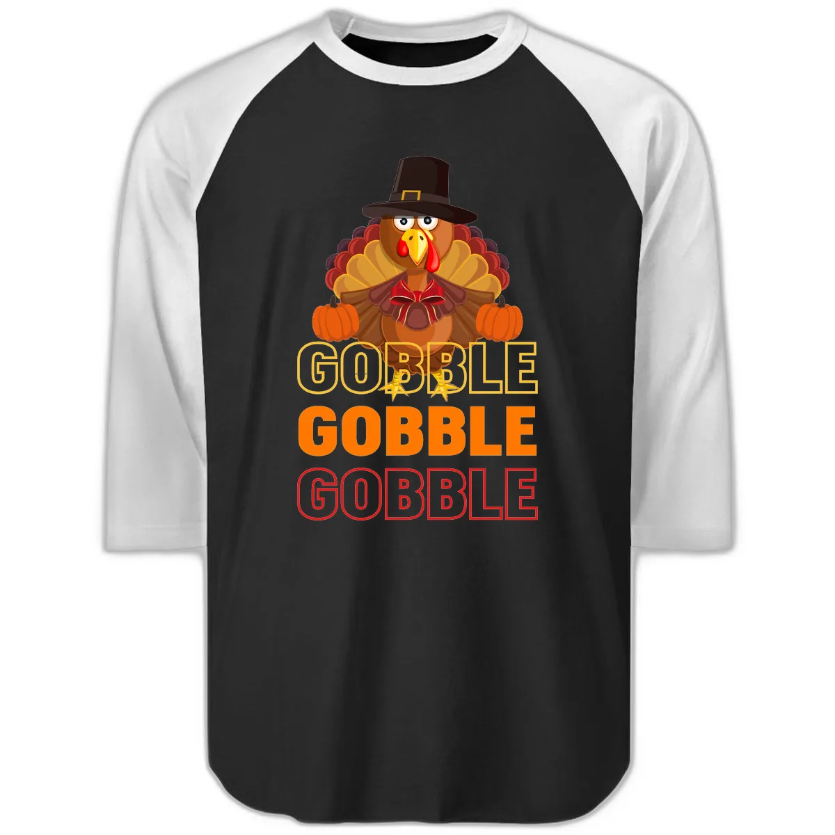 Gobble Gobble Thanksgiving Turkey Raglan 3/4 in Black White
