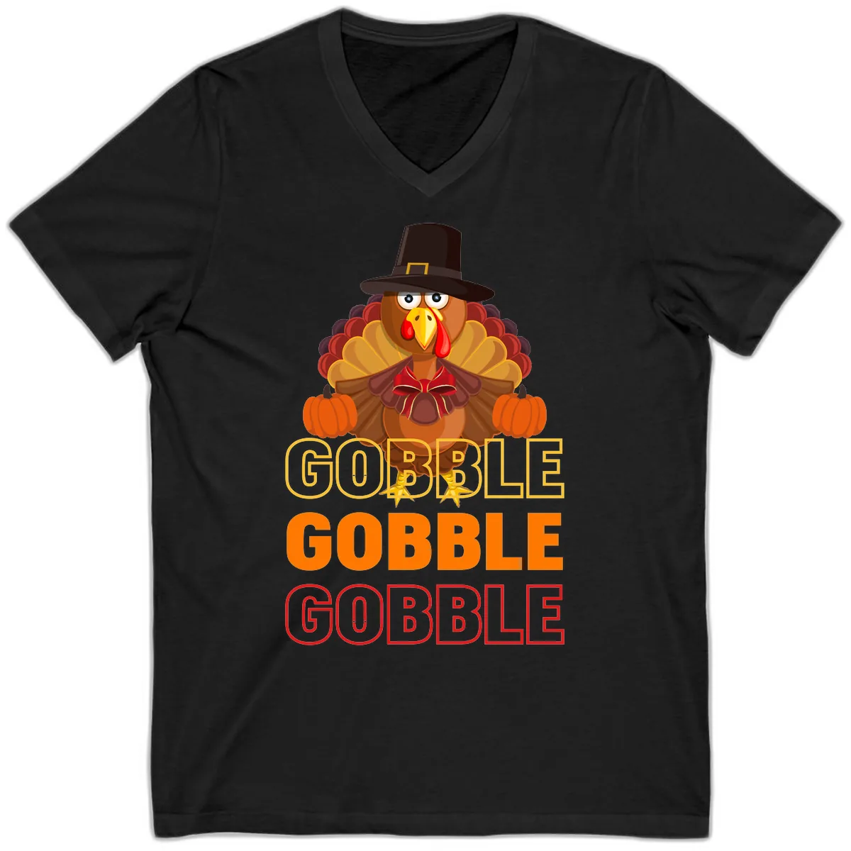 Gobble Gobble Thanksgiving Turkey V-Neck in Black