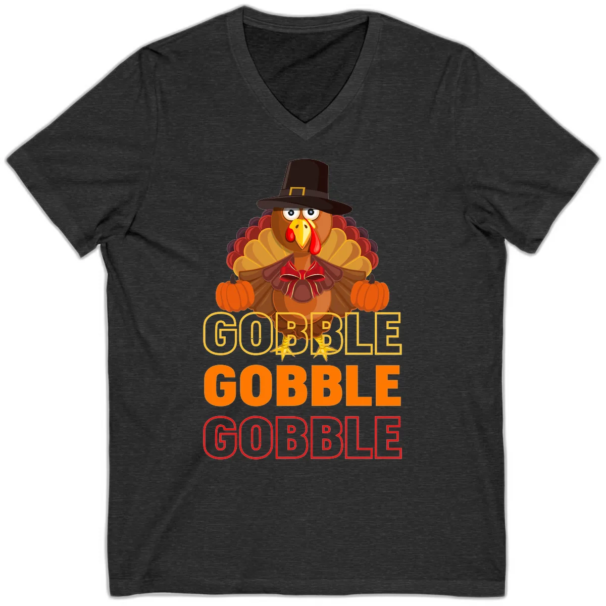 Gobble Gobble Thanksgiving Turkey V-Neck in Dark Grey Heather