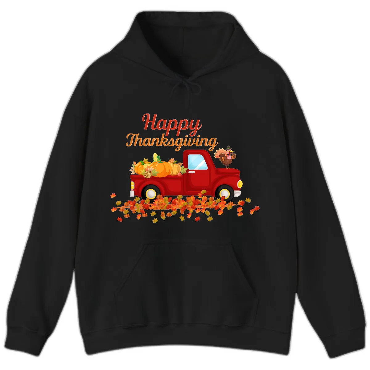 Happy Thanksgiving Red Truck Hoodie in Black