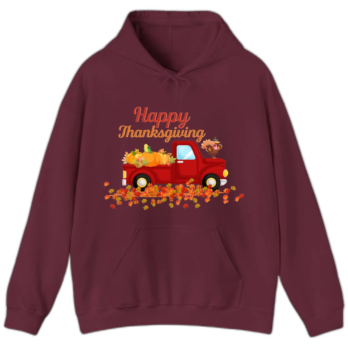 Happy Thanksgiving Red Truck Hoodie in Maroon