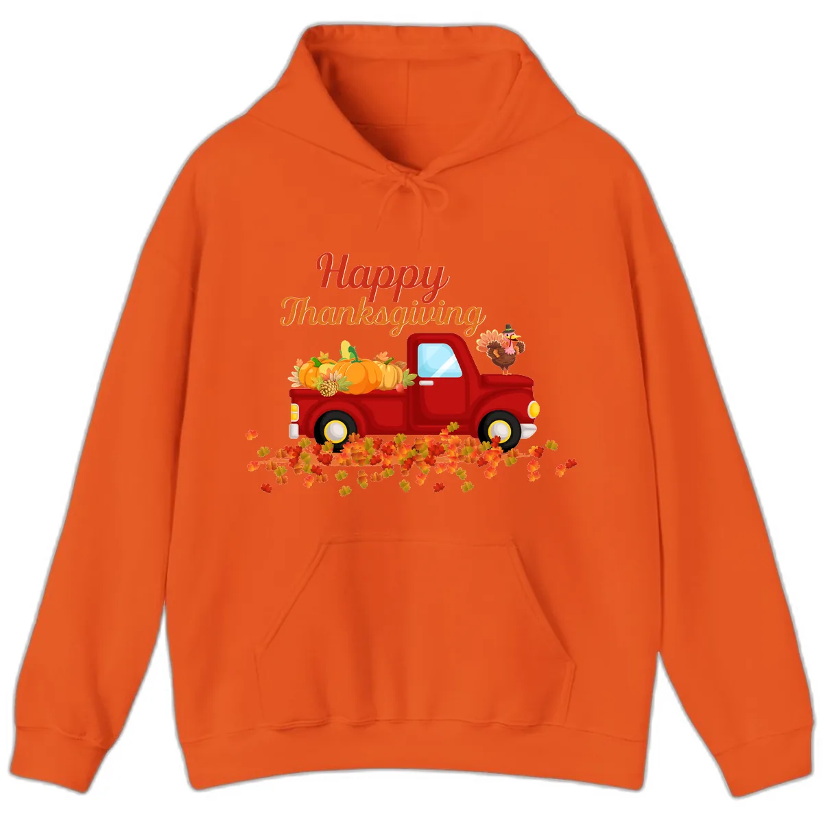 Happy Thanksgiving Red Truck Hoodie in Orange