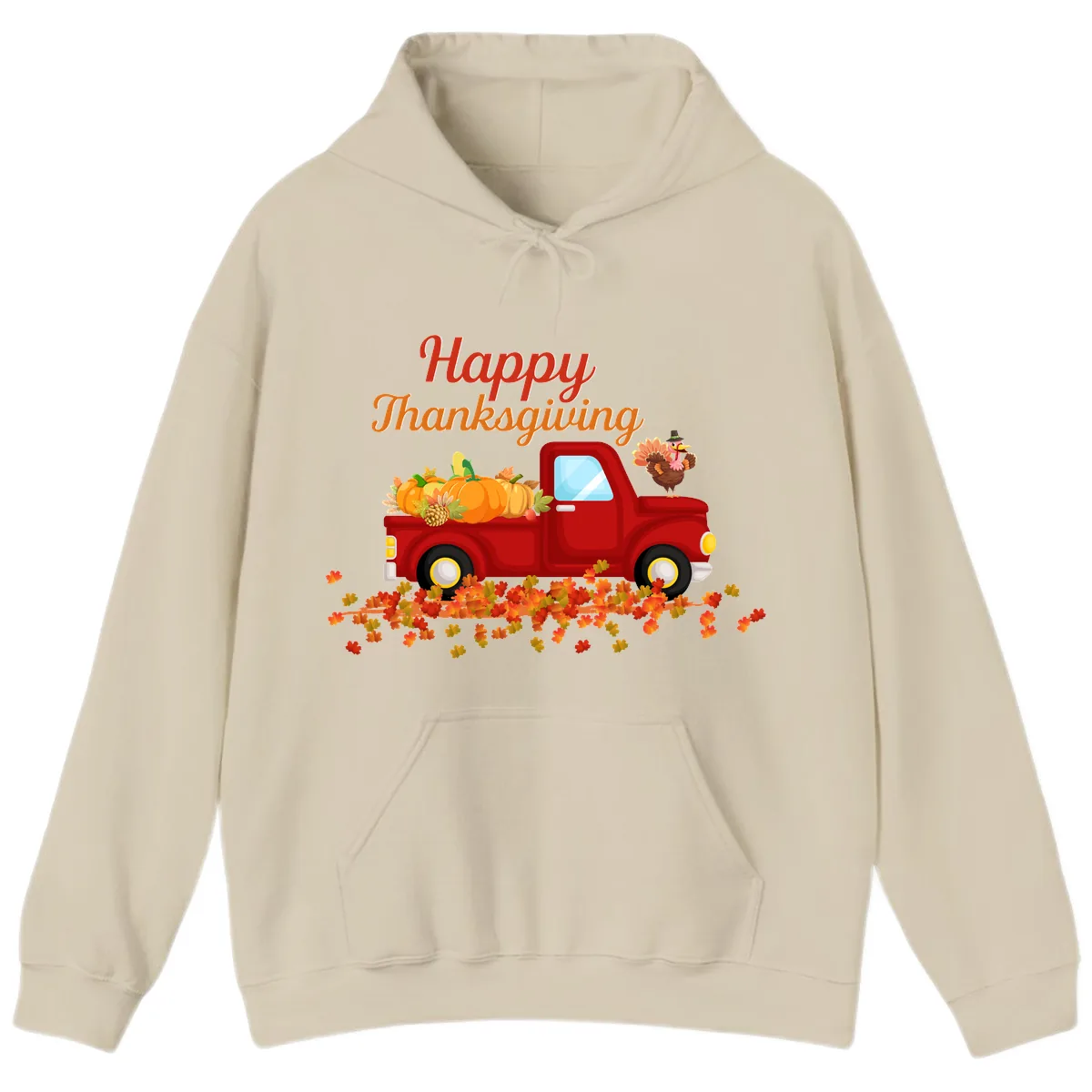 Happy Thanksgiving Red Truck Hoodie in Sand