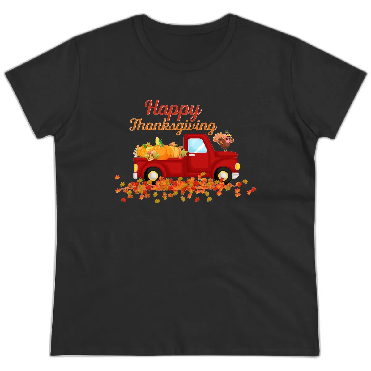 Happy Thanksgiving Red Truck Ladies Tee in Black