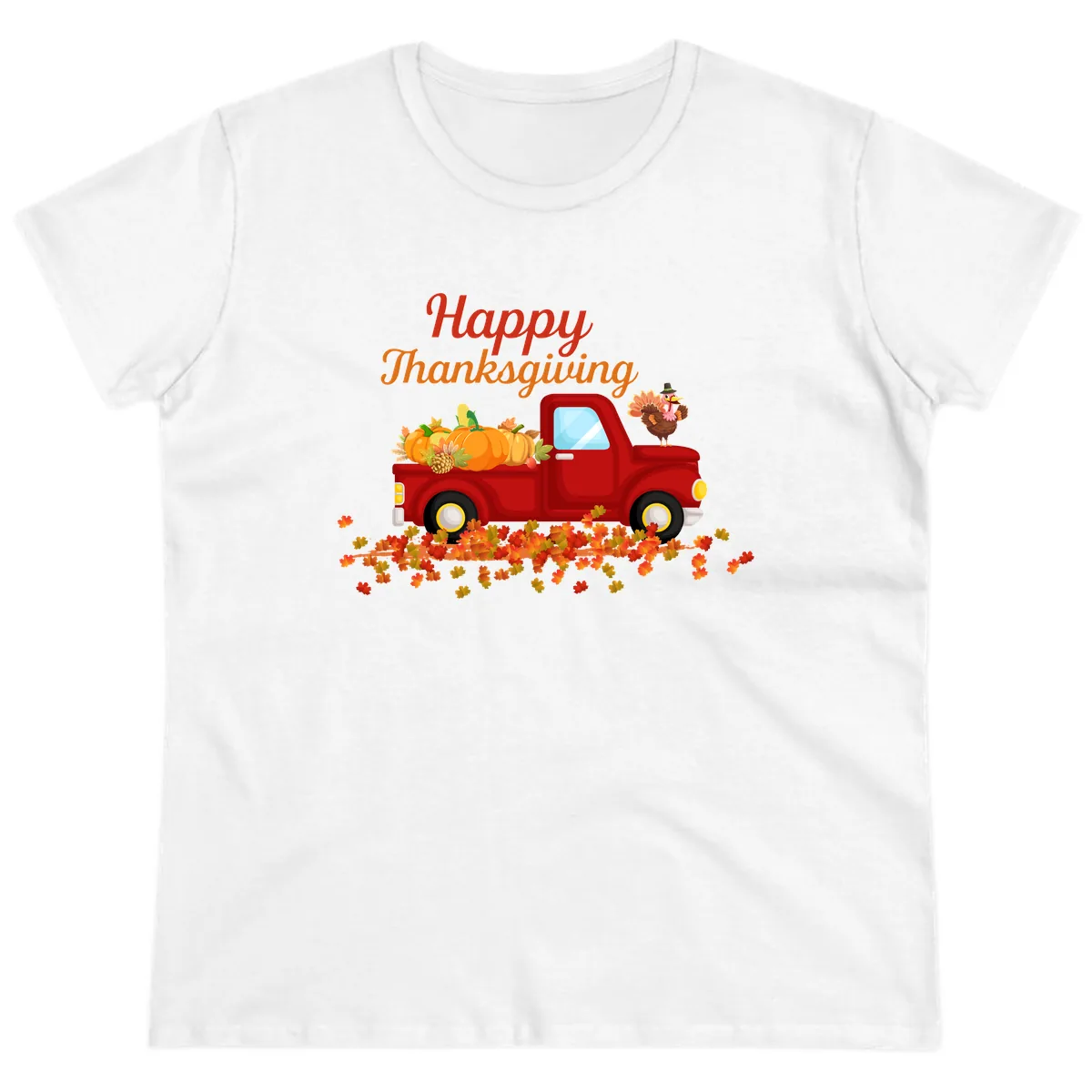 Happy Thanksgiving Red Truck Ladies Tee in White