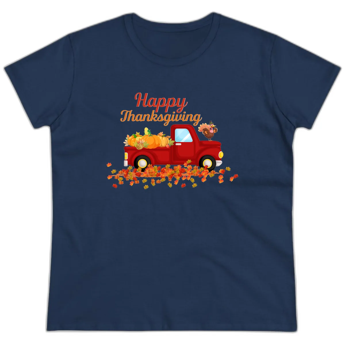 Happy Thanksgiving Red Truck Ladies Tee in Navy