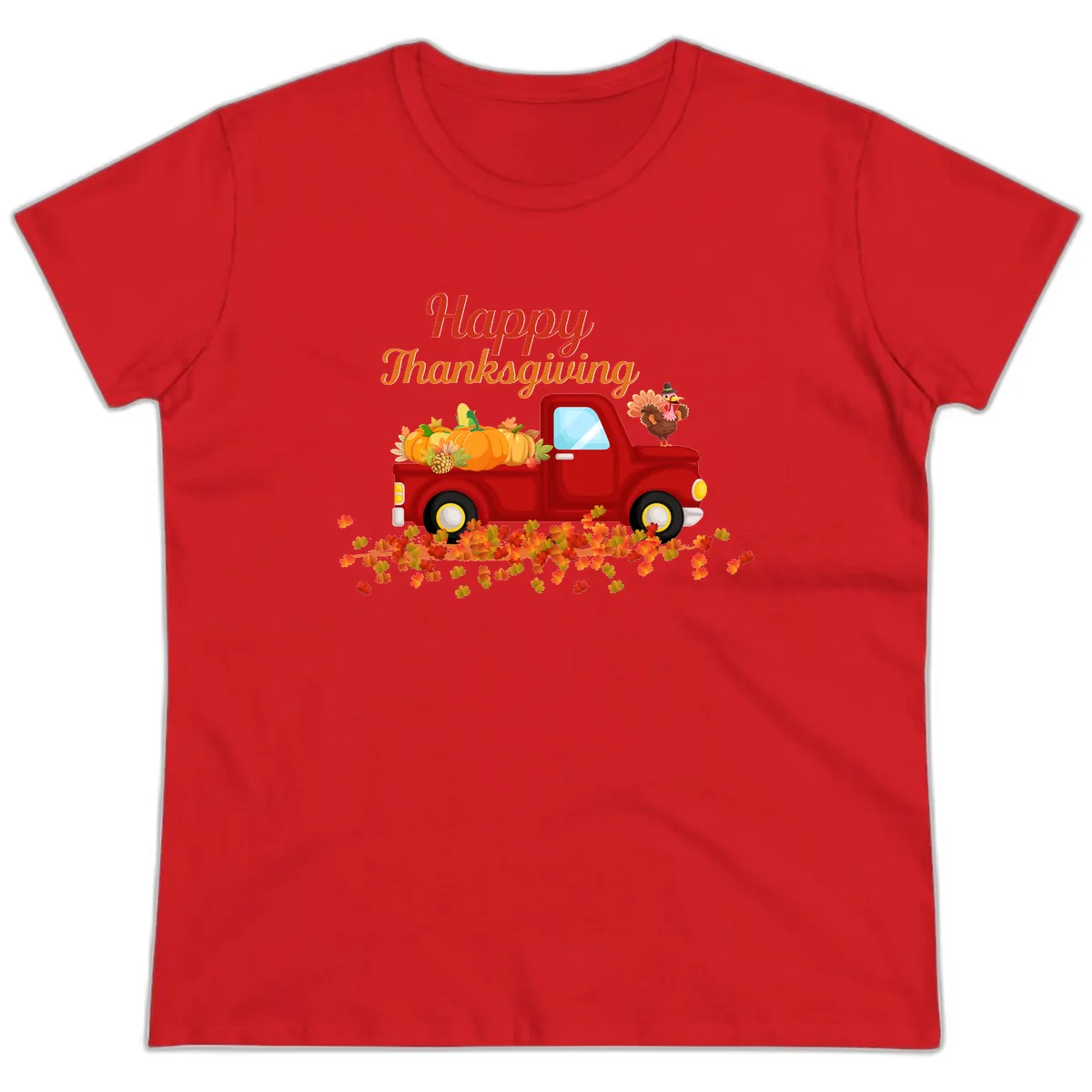 Happy Thanksgiving Red Truck Ladies Tee in Red