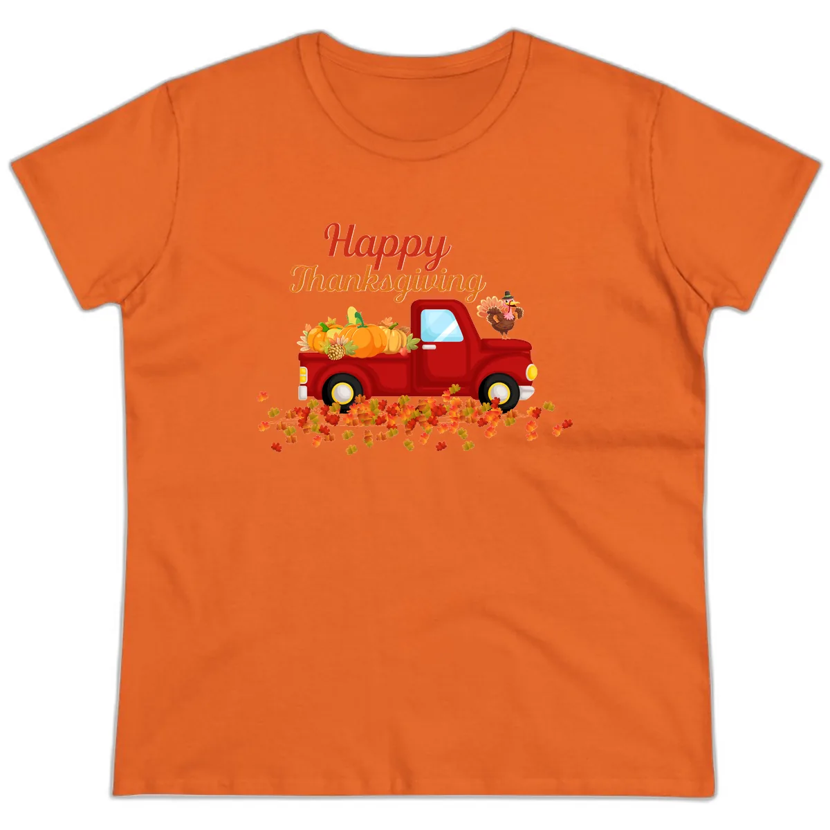 Happy Thanksgiving Red Truck Ladies Tee in Orange