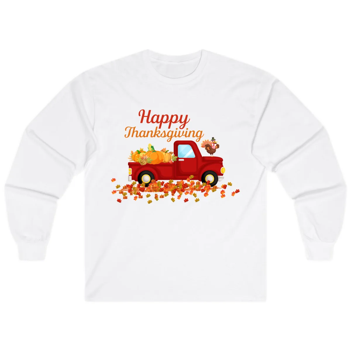 Happy Thanksgiving Red Truck Long Sleeve in White