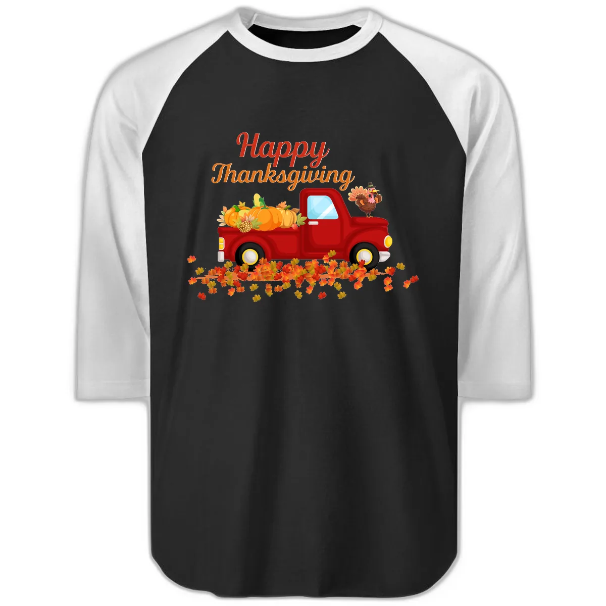 Happy Thanksgiving Red Truck Raglan 3/4 in Black White