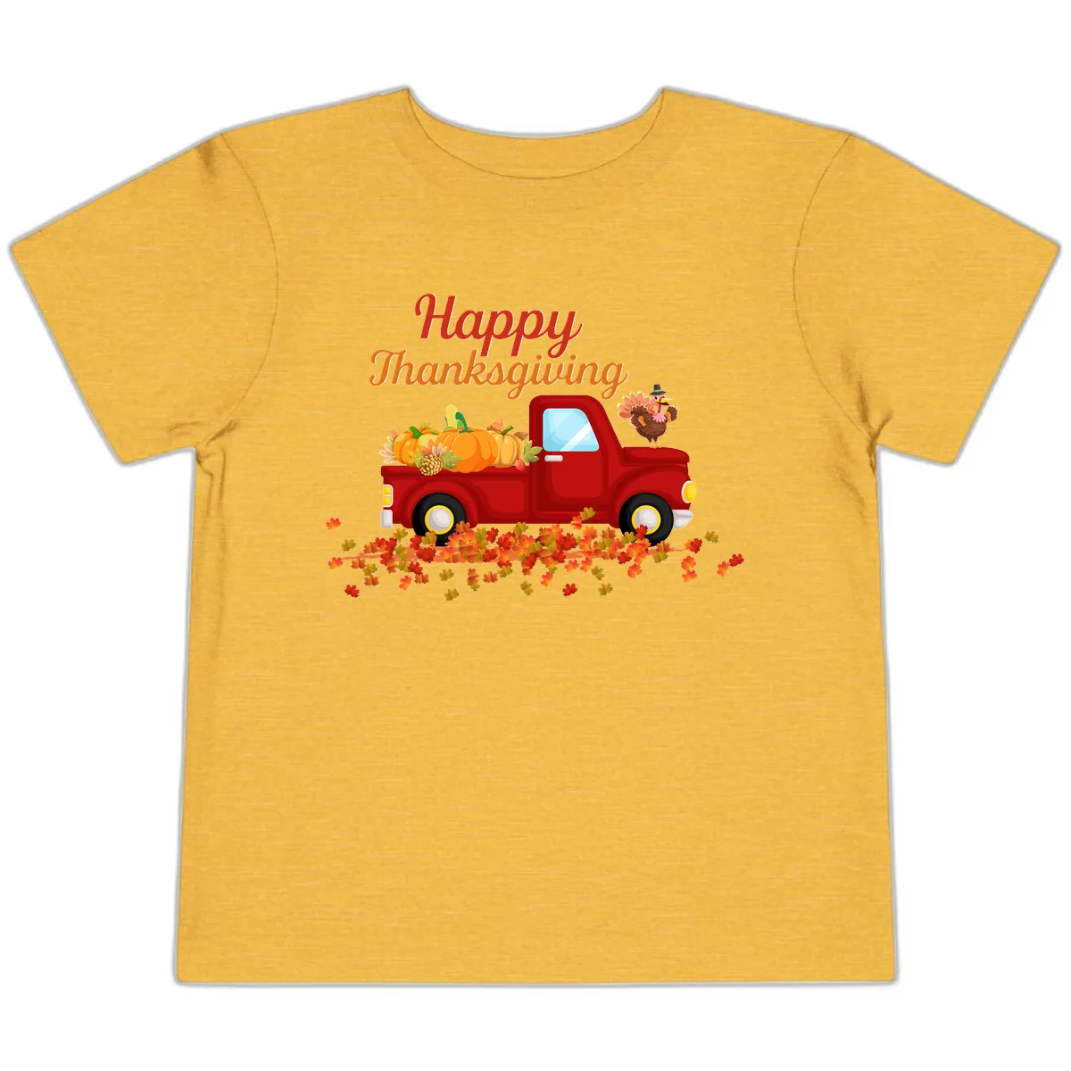Happy Thanksgiving Red Truck Toddler T-Shirt in Heather Yellow Gold