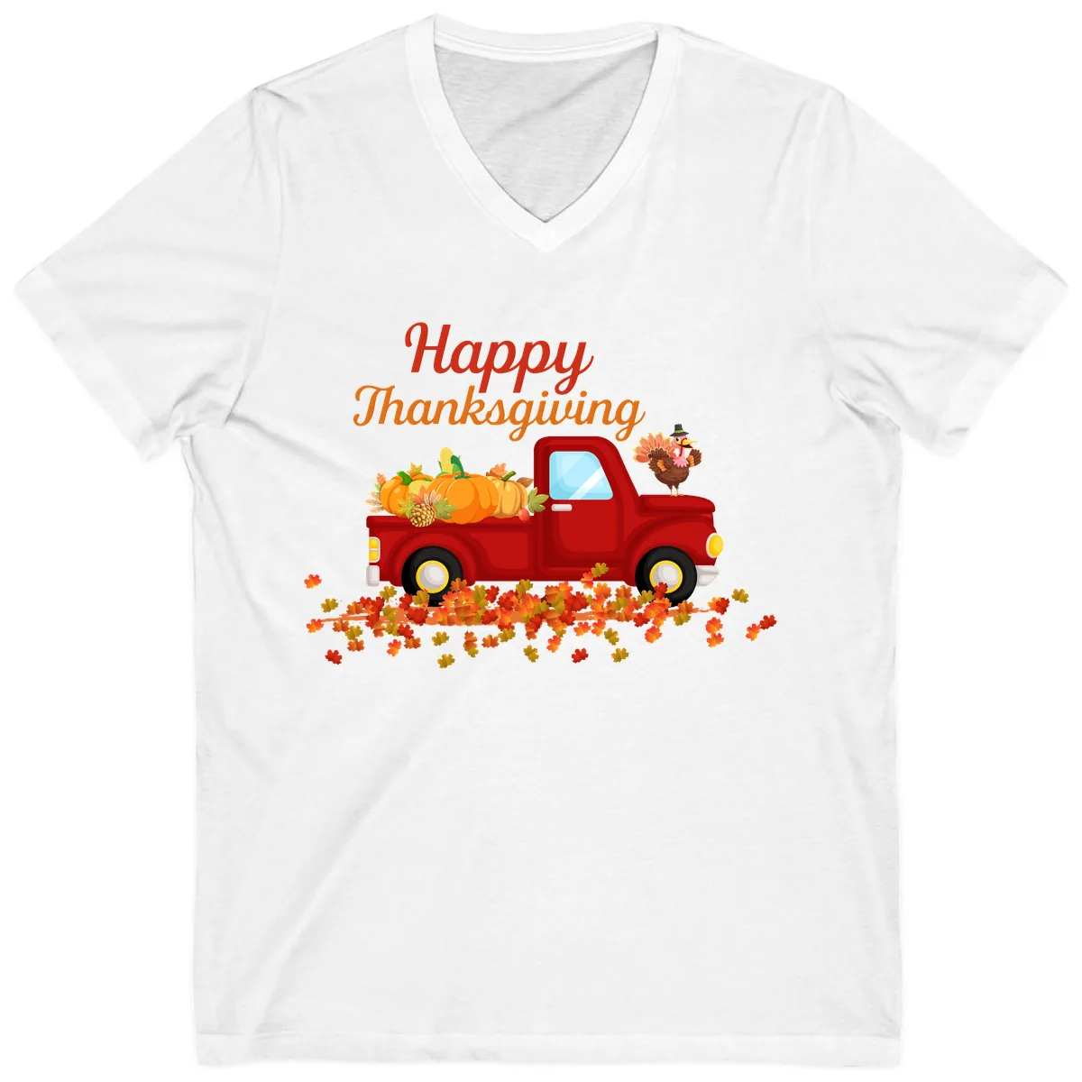 Happy Thanksgiving Red Truck V-Neck in White