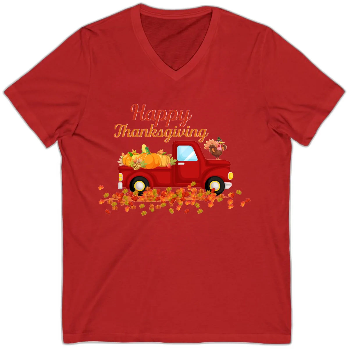 Happy Thanksgiving Red Truck V-Neck in Red