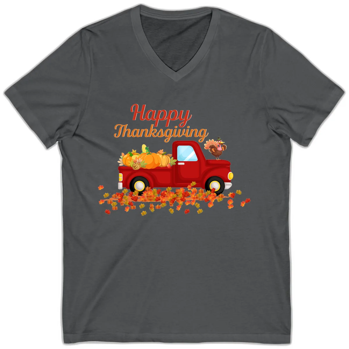 Happy Thanksgiving Red Truck V-Neck in Asphalt