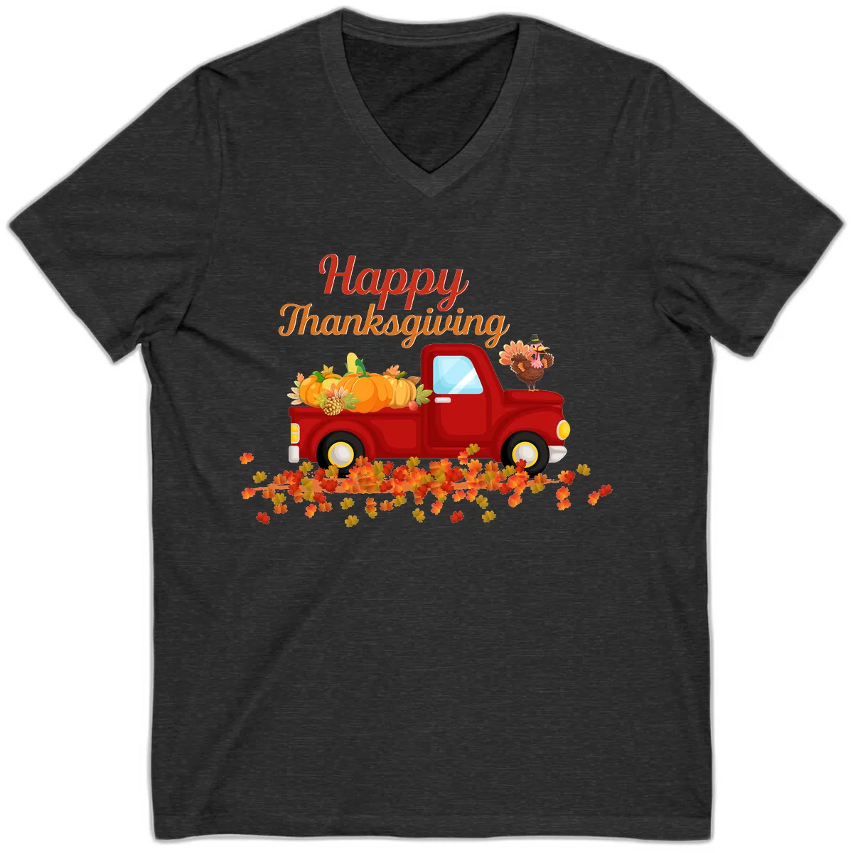 Happy Thanksgiving Red Truck V-Neck in Dark Grey Heather