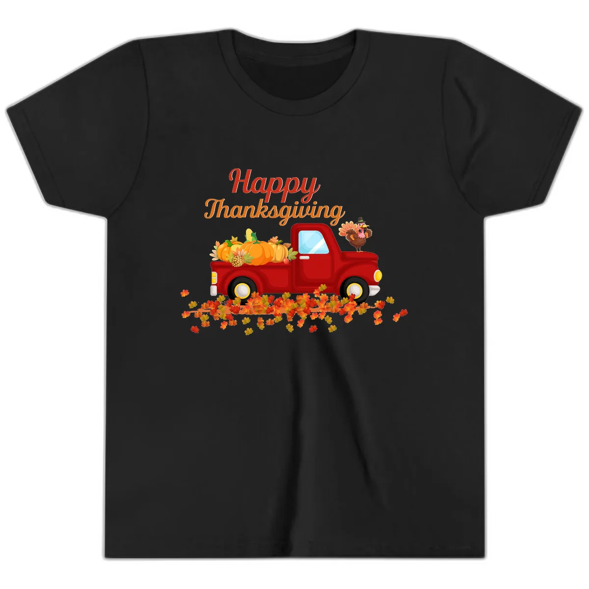 Happy Thanksgiving Red Truck Youth T-Shirt in Black