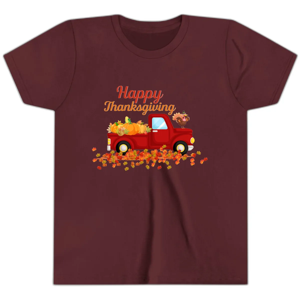 Happy Thanksgiving Red Truck Youth T-Shirt in Maroon