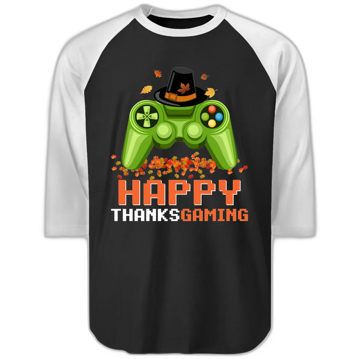 Happy Thanksgiving Gaming Design Raglan 3/4 in Black White