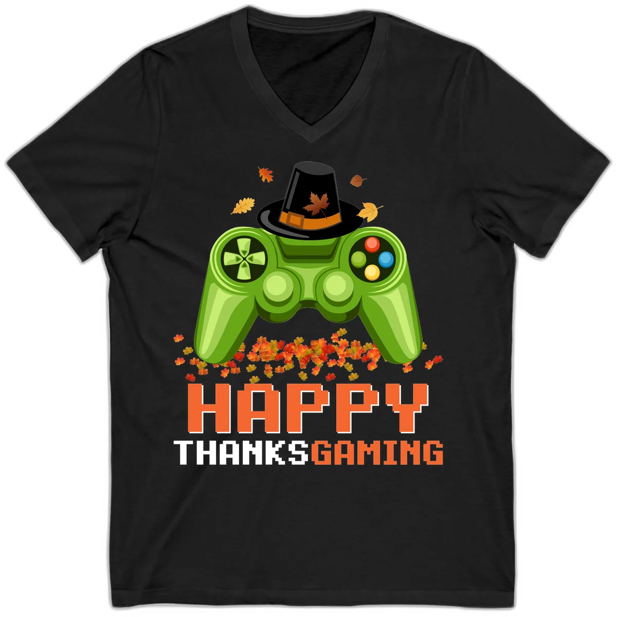Happy Thanksgiving Gaming Design V-Neck in Black