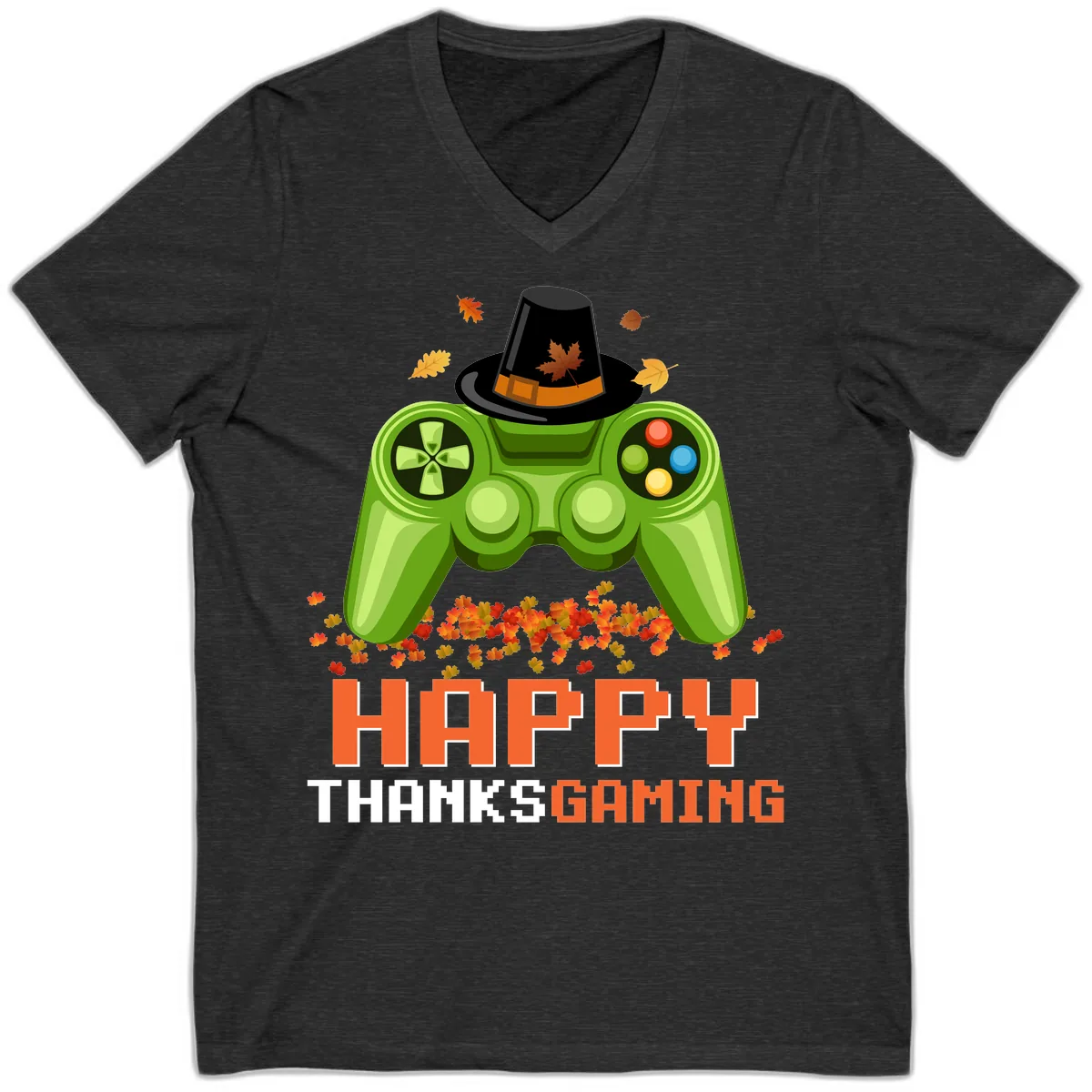Happy Thanksgiving Gaming Design V-Neck in Dark Grey Heather