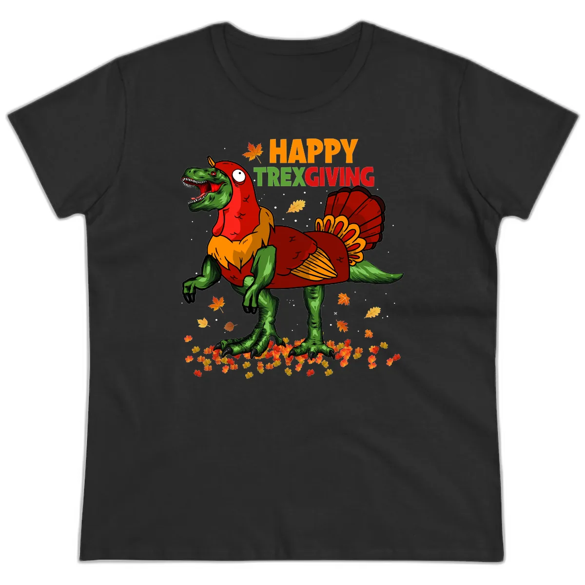 Happy Trexgiving Dinosaur Turkey Costume Ladies Tee in Black