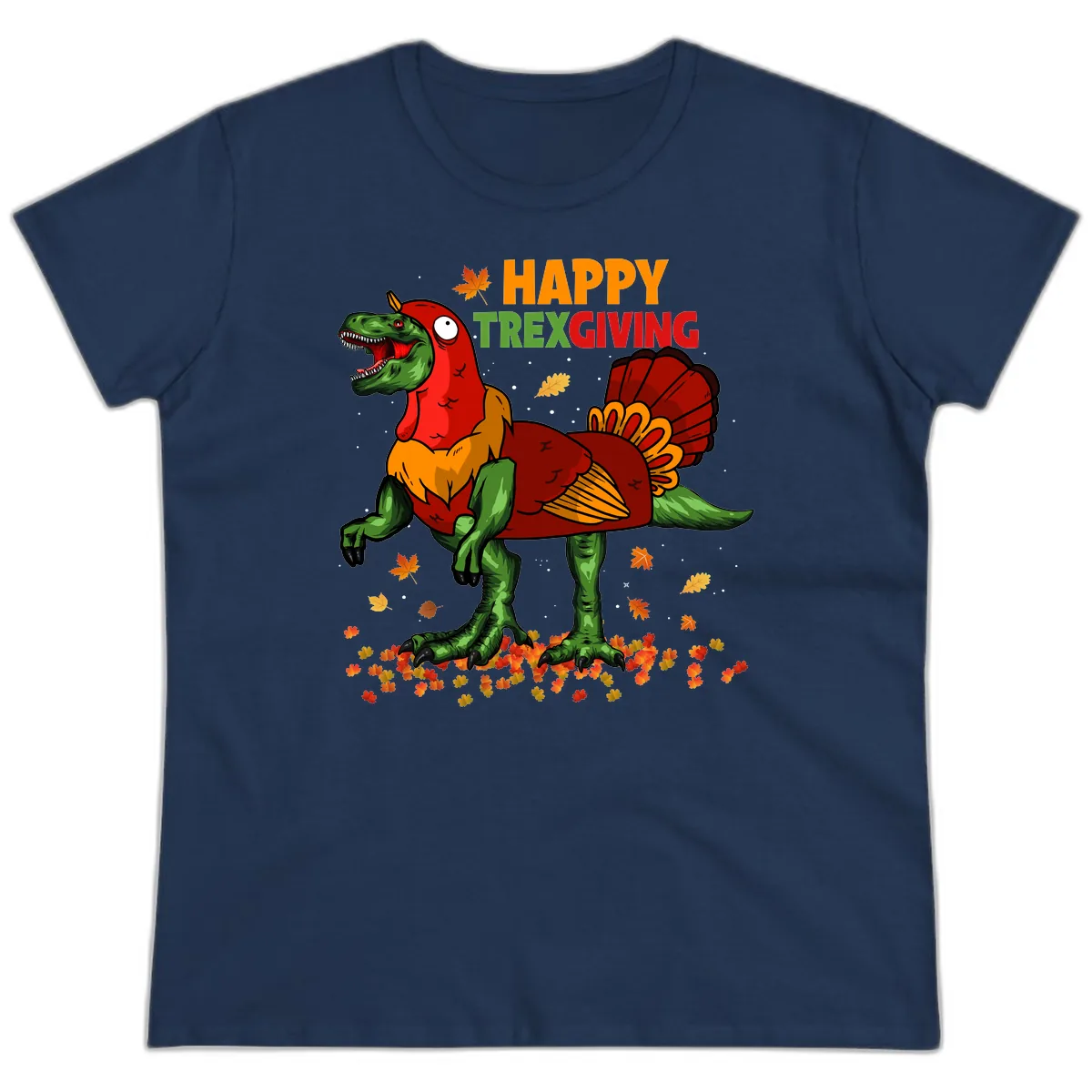 Happy Trexgiving Dinosaur Turkey Costume Ladies Tee in Navy
