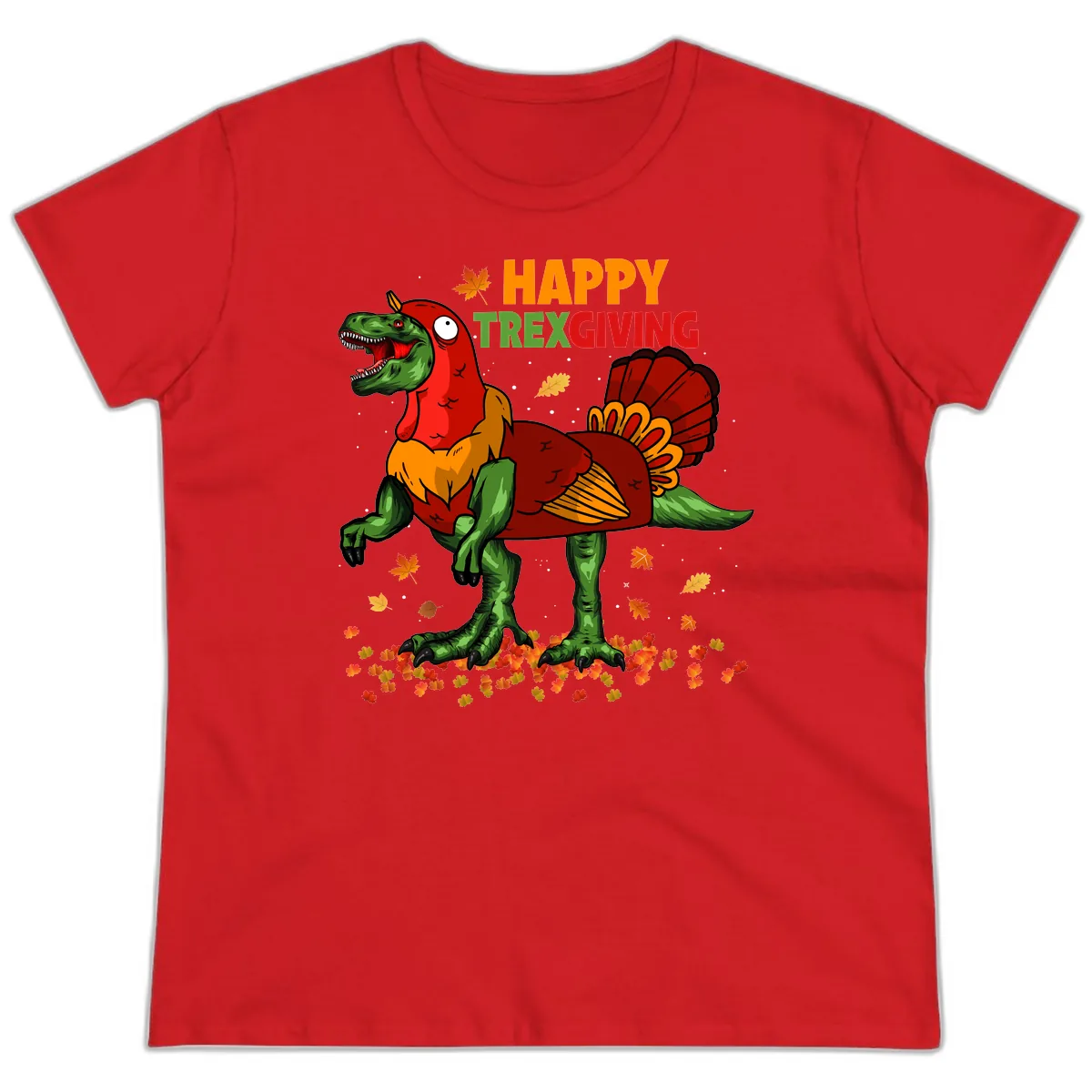 Happy Trexgiving Dinosaur Turkey Costume Ladies Tee in Red