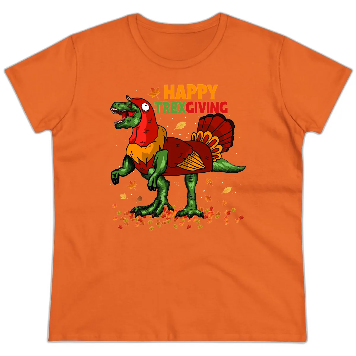 Happy Trexgiving Dinosaur Turkey Costume Ladies Tee in Orange
