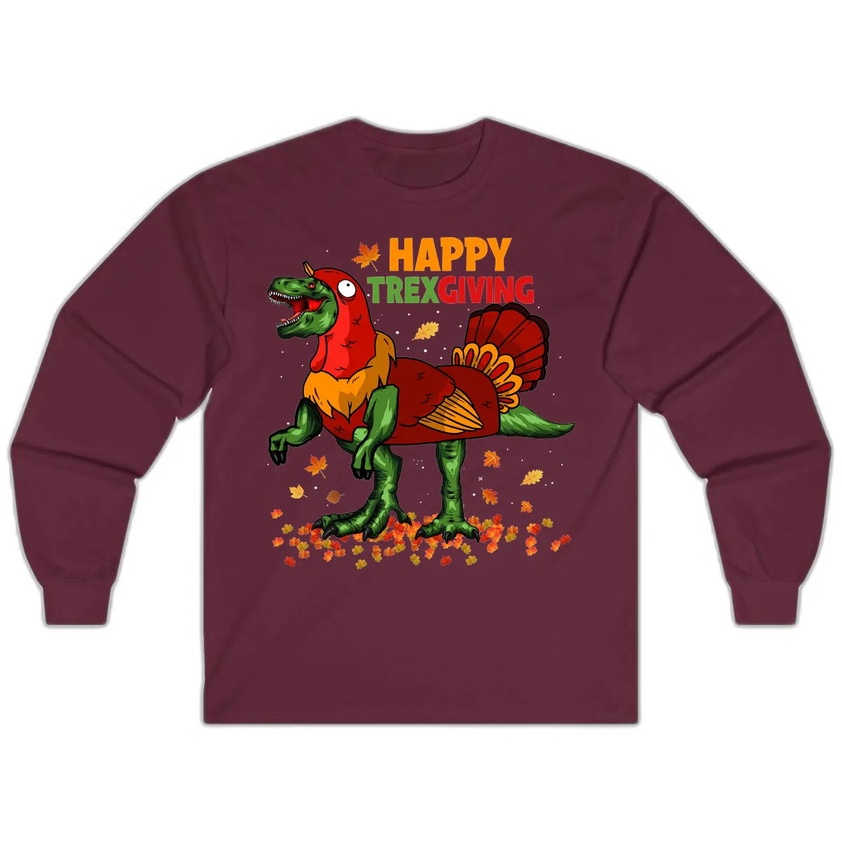 Happy Trexgiving Dinosaur Turkey Costume Long Sleeve in Maroon