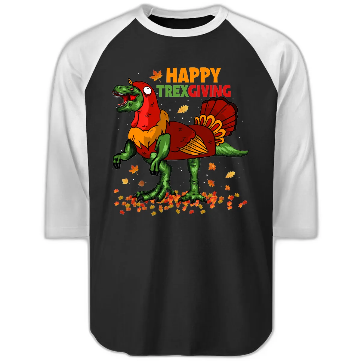 Happy Trexgiving Dinosaur Turkey Costume Raglan 3/4 in Black White