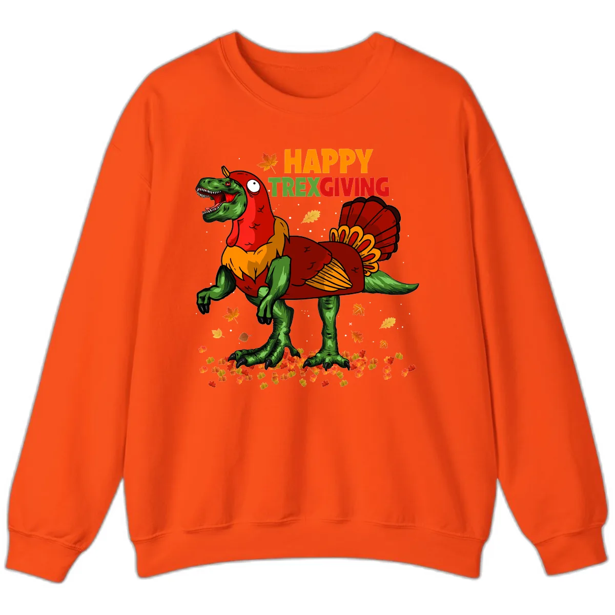 Happy Trexgiving Dinosaur Turkey Costume Sweatshirt in Orange