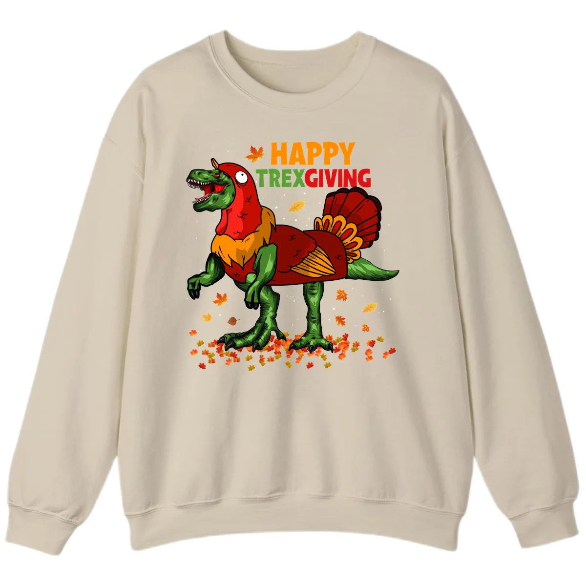 Happy Trexgiving Dinosaur Turkey Costume Sweatshirt in Sand