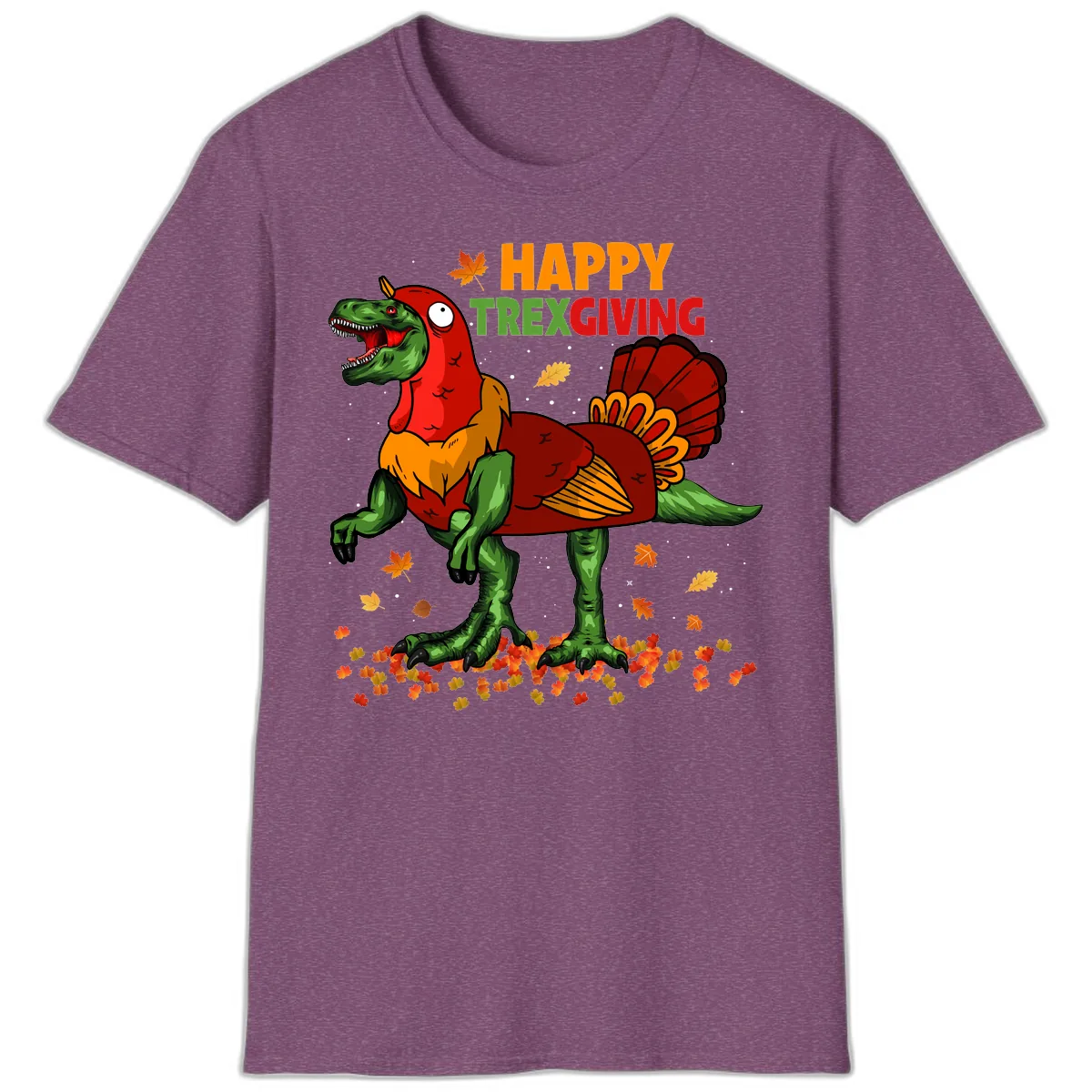 Happy Trexgiving Dinosaur Turkey Costume T-Shirt in Heather Maroon
