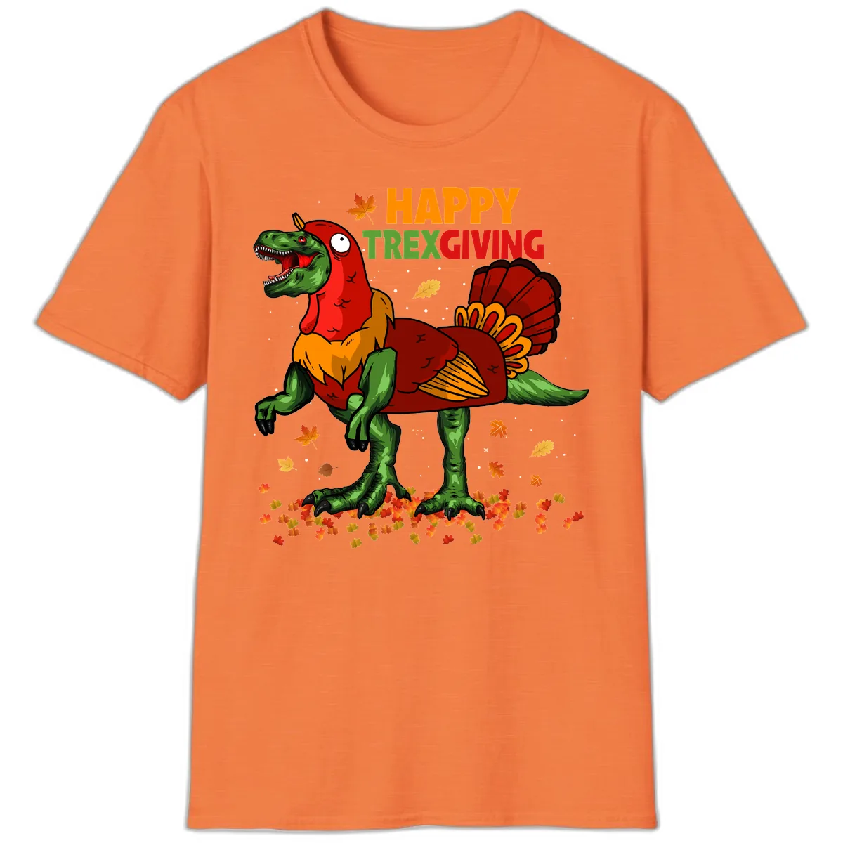 Happy Trexgiving Dinosaur Turkey Costume T-Shirt in Heather Orange
