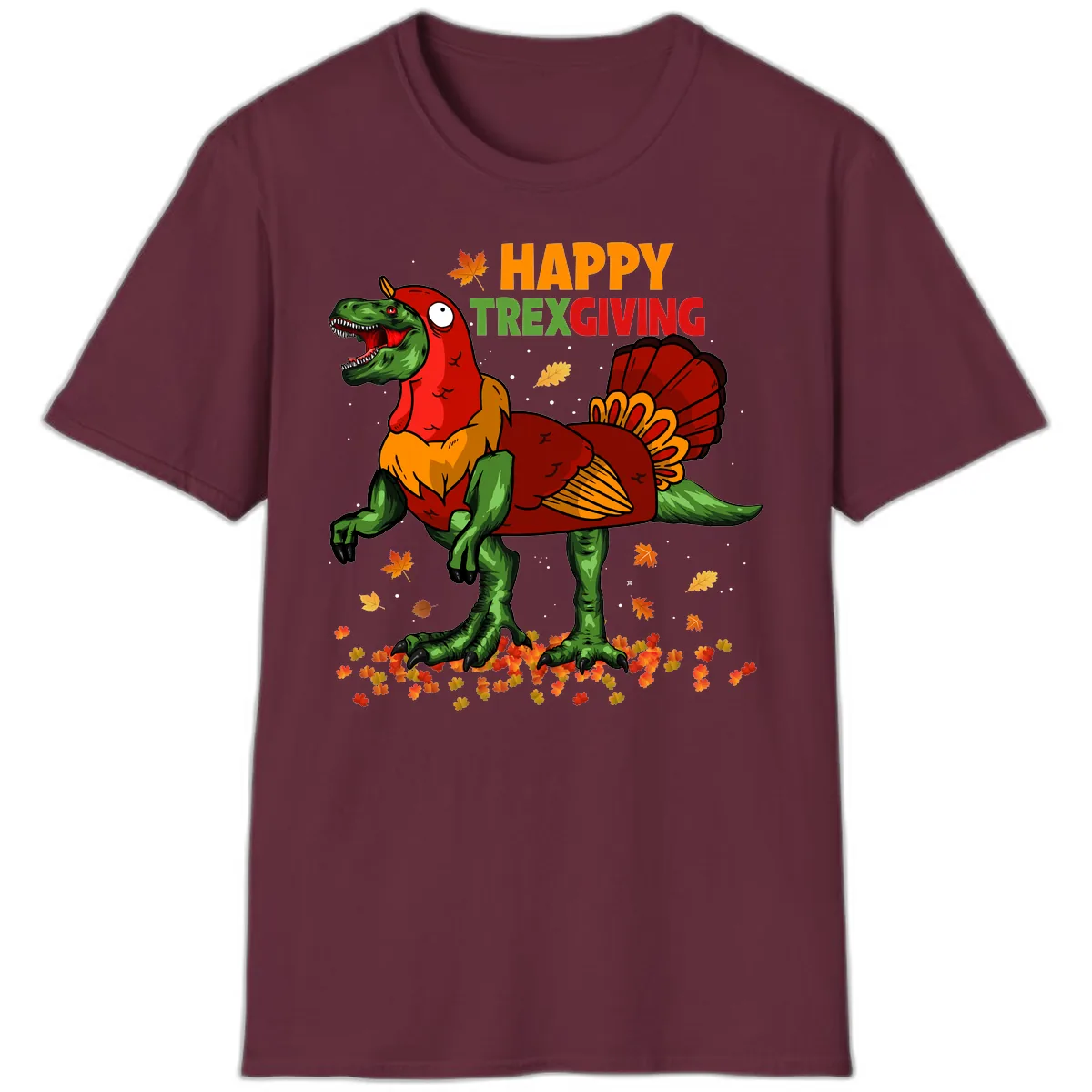 Happy Trexgiving Dinosaur Turkey Costume T-Shirt in Maroon