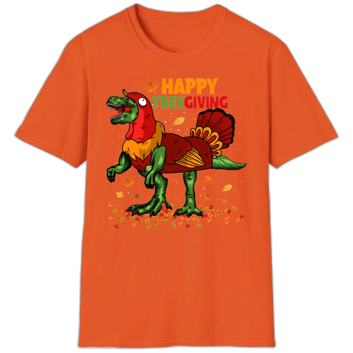 Happy Trexgiving Dinosaur Turkey Costume T-Shirt in Orange